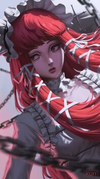 1girl absurdres artist_name blunt_bangs brown_eyes chain choker commentary dress frilled_choker frilled_dress frilled_hairband frills grey_background hair_ribbon hairband hashtag-only_commentary highres kuri_forseti lolita_fashion long_hair looking_to_the_side object_through_head parted_lips persona persona_3 red_hair ribbon sidelocks solo tress_ribbon white_choker white_dress white_hairband white_ribbon yoshino_chidori