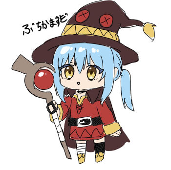 1girl bandaged_leg bandages belt black_belt black_thighhighs blue_hair boots brown_cape brown_hair cape chibi chibi_only chocoeiru commentary_request cosplay doodles dress full_body hair_between_eyes hat holding holding_staff kono_subarashii_sekai_ni_shukufuku_wo! long_sleeves mage_staff megumin megumin_(cosplay) open_mouth ponytail red_dress rimuru_tempest short_hair sidelocks simple_background single_thighhigh smile solo staff tensei_shitara_slime_datta_ken thighhighs translation_request white_background witch_hat yellow_boots yellow_eyes