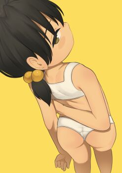 1girl absurdres arm_behind_back ass blush_stickers bra crybabyglo female_focus from_behind highres kaai_yuki kyoufuu_all_back_(vocaloid) legs loli looking_at_viewer looking_back low_twintails panties simple_background solo standing twintails underwear underwear_only wedgie white_bra white_panties yellow_background