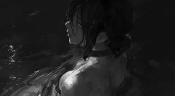 1girl black_choker breasts brush_stroke chainsaw_man choker daodtt hair_between_eyes hair_bun highres looking_at_viewer monochrome nude pool reze_(chainsaw_man) single_hair_bun skinny_dipping solo traditional_media water wet wet_hair