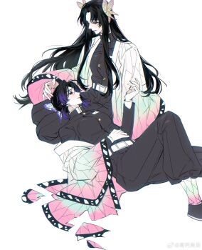 2girls absurdres animal_print black_hair butterfly_hair_ornament butterfly_print chinese_commentary commentary_request hair_ornament haori highres japanese_clothes kimetsu_no_yaiba kochou_kanae kochou_shinobu lap_pillow long_hair m_omoo multicolored_hair multiple_girls purple_hair siblings sisters two-tone_hair very_long_hair watermark weibo_username weibo_watermark