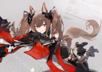 Rule 34 | 1girl, absurdres, angelina (arknights), animal ears, arknights, arknights: endfield, bare shoulders, black boots, black gloves, black thighhighs, boots, brown hair, coat, commentary request, elevation contour lines, fox ears, fox girl, fox tail, gilberta (arknights), gloves, hair between eyes, high heel boots, high heels, highres, long coat, long hair, lying, off shoulder, on stomach, orange eyes, red coat, shio sakana, sidelocks, solo, tail, thighhighs, twintails