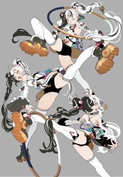 Rule 34 | 1girl, ahoge, back, bare shoulders, black hair, black shoes, black shorts, braid, braided twintails, chakram, china dress, chinese clothes, detached sleeves, dialyn (zenless zone zero), dress, earrings, full body, grey background, hair extensions, hair ornament, half-closed eye, high kick, highres, holding, holding weapon, jewelry, kicking, leg up, long hair, looking at viewer, multicolored hair, multiple views, niihatigounana, one eye closed, open mouth, panda hair ornament, ring hair extensions, shoes, shorts, shoulder blades, split-color hair, thighhighs, weapon, white dress, white hair, white thighhighs, yellow eyes, zenless zone zero