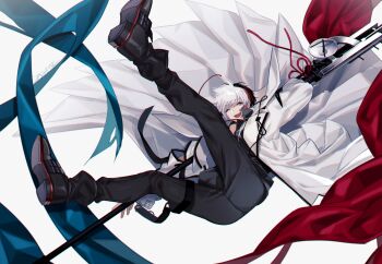 Rule 34 | 1boy, arknights, black boots, black gloves, black pants, black shirt, blue eyes, boots, coat, elysium (arknights), flag, full body, gloves, headphones, holding, holding flag, holding polearm, holding weapon, jacket, long sleeves, looking at viewer, male focus, mtk (souko), multicolored hair, one eye closed, open clothes, open coat, open mouth, pants, polearm, red hair, red ribbon, ribbon, shirt, short hair, signature, simple background, sleeveless, smile, solo, spear, streaked hair, weapon, white background, white coat, white hair