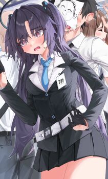 1boy 1girl @_@ absurdres belt black_gloves black_hair black_halo black_skirt black_suit blue_archive blue_eyes blue_necktie blush breasts collared_shirt commentary cowboy_shot crowded doodle_sensei_(blue_archive) ear_blush embarrassed english_commentary eyelashes eyes_visible_through_hair formal_clothes freshbeef gloves hair_between_eyes hair_intakes hair_ornament half_gloves halo hand_up hetero highres id_card indoors leaning_forward long_hair long_sleeves looking_down mechanical_halo medium_breasts millennium_science_school_logo miniskirt necktie nervous_sweating open_mouth pleated_skirt purple_hair sensei_(blue_archive) shirt short_hair skirt solo_focus suit sweat sweatdrop tassel tassel_hair_ornament train_interior twitter_username two_side_up very_long_hair white_belt white_shirt wide-eyed yuuka_(blue_archive)