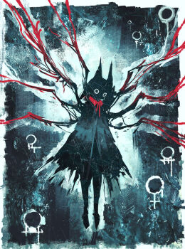 Rule 34 | 1girl, amaryllis no, animal ears, black cloak, border, cloak, collar, commentary, english commentary, faux traditional media, highres, multiple wings, no mouth, o o, original, red collar, red wings, solo, venus symbol, white border, wings