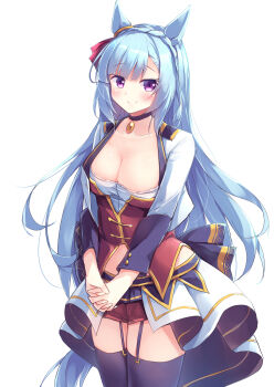 Rule 34 | 1girl, absurdres, animal ears, blue hair, blush, bodice, bow, braid, breasts, choker, cleavage, closed mouth, collarbone, commentary request, corset, cropped jacket, crown braid, ear ornament, ear ribbon, garter straps, highres, horse ears, horse girl, horse tail, jacket, kanzakietc, large breasts, long hair, looking at viewer, mejiro ardan (umamusume), midriff, open mouth, overskirt, pendant choker, purple choker, purple eyes, purple garter straps, purple thighhighs, red corset, red shorts, shirt, shorts, simple background, smile, solo, starting future (umamusume), tail, thighhighs, umamusume, white background, white jacket, white shirt