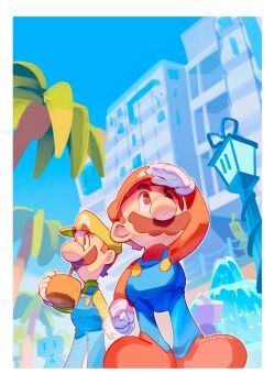 Rule 34 | absurdres, arm at side, arm up, big nose, blue overalls, blue sky, brown shoes, building, commentary request, drinking, facial hair, from below, gloves, green hat, green shirt, hat, highres, holding, lamppost, long sleeves, looking ahead, luigi, mario, mario &amp; luigi: brothership, mario &amp; luigi rpg, mario (series), monyorun, mustache, nintendo, no mouth, outdoors, outline, overalls, palm tree, red hat, red shirt, shading eyes, shirt, shoes, sideburns, sky, standing, tree, white gloves, white outline