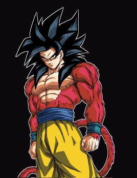 1boy black_hair blue_sash body_fur catdestroyer dougi dragon_ball dragon_ball_gt highres long_hair male_focus monkey_boy monkey_tail muscular muscular_male no_nipples pants pectorals red_fur saiyan sash solo son_goku spiked_hair super_saiyan super_saiyan_4 tail yellow_pants