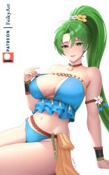 Rule 34 | 1girl, arm support, bare shoulders, bikini, blue bikini, breasts, choker, cleavage, collarbone, feikyart, fire emblem, fire emblem: the blazing blade, fire emblem heroes, flower, frills, green eyes, green hair, hair flower, hair ornament, high ponytail, large breasts, leaning to the side, long hair, looking at viewer, lyn (fire emblem), lyn (summer) (fire emblem), navel, nintendo, official alternate costume, open mouth, parted lips, patreon username, simple background, sitting, smile, solo, stomach, swimsuit, thighs, very long hair, white background, white flower