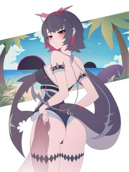 1girl absurdres adapted_costume apron armband ass bare_shoulders beach black_hair black_one-piece_swimsuit blue_sky blush border breasts cleavage closed_mouth cloud colored_inner_hair commentary cowboy_shot dankira ear_piercing earrings ellen_joe english_commentary eyewear_on_head fins fish_tail frilled_armband frills from_behind highres hollow_(zenless_zone_zero) horizon jewelry large_breasts looking_back mole mole_under_eye multicolored_hair ocean one-piece_swimsuit outdoors outside_border palm_tree piercing razor_blade_hair_ornament red-tinted_eyewear red_eyes sand scar scar_on_tail shark_girl shark_tail short_hair sky smile solo swimsuit tail tinted_eyewear tree unfinished waist_apron water white_armband white_border zenless_zone_zero