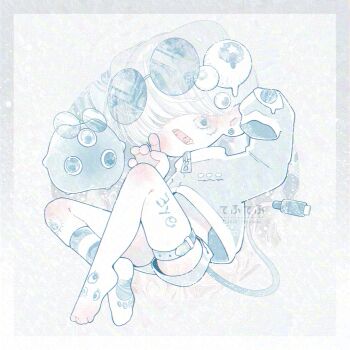 1other barefoot blunt_bangs blush border covered_eyes ear_blush earrings eyewear_on_head facial_tattoo full_body gradient_border highres jewelry long_sleeves midriff open_mouth original round_eyewear short_hair single_sleeve_past_fingers solo square stud_earrings tattoo teeth tenshi_kaiwai thk_41 tongue zipper_pull_tab