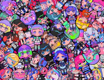 Rule 34 | 6+girls, @ @, absurdres, aqua eyes, aqua hair, beanie, black hair, blonde hair, blue eyes, blue hair, braid, chibi, chibi only, double bun, green hair, hair bun, hair ornament, hair over one eye, hat, highres, holding, jitome, long hair, long sleeves, looking at viewer, maid, maid headdress, multiple girls, one eye closed, original, pink hair, purple eyes, purple hair, red eyes, short hair, skateboard, terada tera, too many, twin braids