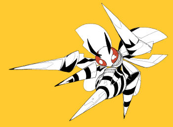 antennae beedrill full_body gen_1_pokemon massakasama mega_beedrill mega_pokemon nintendo no_humans pokemon pokemon_(creature) pokemon_focus red_eyes simple_background solo striped wasp wings yellow_background