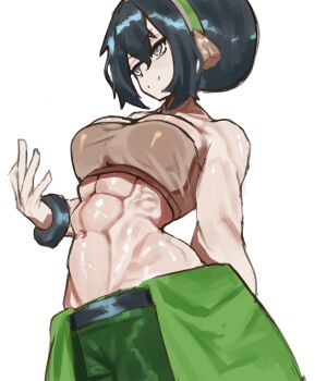 1girl abs avatar:_the_last_airbender avatar_legends bare_shoulders black_hair blind bracelet breasts commentary english_commentary green_pants hair_bun highres jewelry kineku424 medium_breasts muscular muscular_female pants short_hair smile solo toph_beifong white_eyes