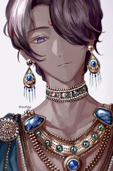 1boy arjuna_(fate) brown_hair commentary_request dark-skinned_male dark_skin earrings facial_mark fate/grand_order fate_(series) forehead_mark hair_over_one_eye highres indian_clothes jewelry looking_at_viewer male_focus mz6gp necklace portrait purple_eyes short_hair simple_background solo white_background