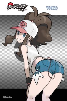 Rule 34 | 1girl, absurdres, baseball cap, blue eyes, blue shorts, brown hair, character name, checkered background, commentary, commission, exposed pocket, grin, hand on own knee, hat, high ponytail, highres, hilda (pokemon), kneepits, koturitsu, leaning forward, long hair, looking back, nintendo, official style, pokemon, pokemon bw, ponytail, shirt, shorts, sidelocks, sleeveless, sleeveless shirt, smile, solo, sweat, teeth, twitter username, vibrator in pocket, white hat, white shirt, wristband
