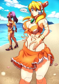 2girls absurdres alia_(mega_man) ass beach belly bikini blonde_hair blue_eyes breasts capcom cleavage highres hungry imminent_vore joints kotatuman_dash large_breasts layer_(mega_man) mega_man_(series) mega_man_x_(series) multiple_girls navel ponytail purple_hair robot_girl robot_joints swimsuit water
