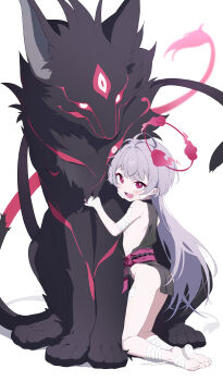 1girl :d absurdres ahoge ass bandaged_arm bandaged_leg bandages barefoot black_kimono blue_archive blunt_bangs commentary_request fangs full_body gauze gauze_on_cheek grey_hair halo highres japanese_clothes kimono kneeling kurokage_(blue_archive) loli long_hair looking_at_viewer obi open_mouth pointy_ears purple_sash red_eyes red_halo ribs same_(samefgo) sash shuro_(blue_archive) sideless_kimono sidelocks simple_background sleeveless sleeveless_kimono smile soles solo teeth toes upper_teeth_only white_background wolf