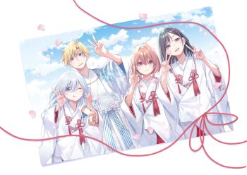 1boy 3girls ;p amagami-san_chi_no_enmusubi amagami_asahi amagami_yae amagami_yuna black_hair blonde_hair blue_eyes blue_hair blue_sky chinese_knot closed_mouth commentary_request double_v green_eyes hand_up hands_up highres japanese_clothes kamihate_uryuu kimono marcey multiple_girls official_alternate_hair_length official_alternate_hairstyle official_art one_eye_closed open_mouth petals photo_(object) pink_petals red_eyes red_hair second-party_source short_hair siblings simple_background sisters sky smile string tongue tongue_out uchikake v white_background white_kimono