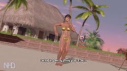 1girl 3d animated audible_music bikini black_eyes breasts brown_hair cleavage dancing dead_or_alive dead_or_alive_xtreme_3_fortune gold_bikini hitomi_(doa) navel ponytail poolside sound sunset tagme video