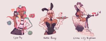 3girls absurdres alternate_costume animal_ear_hairband animal_ears artist_name belt black_choker black_hair black_hairband black_hands black_leotard black_pants black_sclera blue_hair blunt_bangs breasts brown_lips brown_pantyhose cellphone choker cleavage collar colored_extremities colored_sclera cyber_(cyanceebee) dark-skinned_female dark_skin detached_collar double_bun dress elbow_gloves english_text eyeshadow facial_mark fake_animal_ears fashion fingernails frown gloves glowing glowing_eye glowing_hair glowing_smoke hair_bun hairband hand_on_own_elbow hand_on_own_hip hand_up hat headphones heart heart_facial_mark high_ponytail highres holding holding_phone holding_smoking_pipe jacket large_breasts league_of_legends leotard long_hair looking_ahead looking_at_viewer makeup multicolored_hair multiple_girls multiple_persona multiple_views neck_ribbon off-shoulder_dress off_shoulder one_eye_closed orange_eyes orange_hair pants pantyhose phone pink_eyeshadow pink_hair pink_lips playboy_bunny ponytail pursed_lips qiyana_(league_of_legends) rabbit_ear_hairband rabbit_ears red_lips ribbon selfie sharp_fingernails shirt shirt_tucked_in simple_background single_off_shoulder smartphone smoking smoking_pipe solo_focus straight-on strapless strapless_leotard streaked_hair upper_body wavy_hair white_background white_belt white_collar white_dress white_gloves white_hair white_hat white_jacket white_shirt white_wrist_cuffs wrist_cuffs