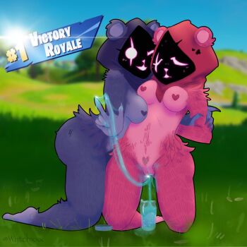 2girls animal_ears artist_name ass barefoot bear bear_ears bear_girl blush claws colored_skin curvy epic_games female_masturbation female_orgasm female_pubic_hair fortnite furry furry_female grabbing_another&#039;s_arm heart_pasties highres hood hug kneeling looking_at_viewer masturbation multiple_girls nude orgasm pasties pink_fur pink_skin pubic_hair purple_fur purple_skirt pussy raven_team_leader scar scar_on_face skirt slime_(substance) submission sweat thick_thighs thighs victory_pose wide_hips wytch yuri