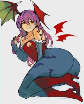 1girl alternate_hairstyle animal_print ass bare_shoulders bat_print blue_gloves breast_cutout breasts cleavage collarbone darkstalkers demon_girl demon_wings elbow_gloves franzkafkaffee full_body fur-trimmed_gloves fur_trim gloves hair_over_shoulder head_wings high_heels highres holding holding_own_hair huge_ass leotard lilith_(darkstalkers) lips long_hair looking_at_viewer lying pantyhose pink_hair red_leotard red_shoes red_wings shoes small_breasts smile wings yellow_eyes