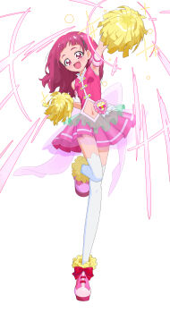 1girl :d absurdres arm_up armpits back_bow blush bow cheerleader commentary_request cosplay cure_yell cure_yell_(cosplay) detached_sleeves dot_nose footwear_bow head_tilt highres holding holding_pom_poms hugtto!_precure layered_skirt long_hair long_legs looking_at_viewer navel nono_hana open_mouth pink_bow pink_eyes pink_hair pink_shirt pink_shoes pink_skirt pom_pom_(cheerleading) pom_poms pouch precure puffy_detached_sleeves puffy_sleeves red_bow see-through_clothes see-through_skirt self_cosplay shirt shoes simple_background skirt sleeveless sleeveless_shirt smile solo thighhighs tiler_(tiler00) white_background white_thighhighs zettai_ryouiki