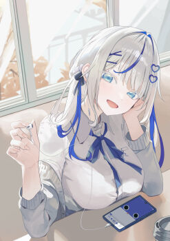 Rule 34 | 1girl, aokumo rin, blue eyes, blue ribbon, breasts, cardigan, cardigan partially removed, cellphone, collared shirt, commentary request, cropped torso, earbuds, earphones, fingernails, from above, grey cardigan, grey hair, grey shirt, hair ornament, hair ribbon, hands up, heart, heart hair ornament, highres, holding earbud, indoors, korean commentary, large breasts, long hair, looking at viewer, looking up, multicolored hair, neck ribbon, open mouth, phone, rahwol177, ribbon, shirt, smartphone, smile, solo, stellive, streaked hair, virtual youtuber, window, wing collar, wispy bangs, x hair ornament