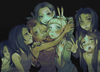 6+girls akuchoi alkonost_(no_i'm_not_a_human) aquiline_nose bags_under_eyes black_background black_hair black_nails blunt_bangs blush body_freckles bra bra_peek cashier_girl_(no_i'm_not_a_human) cellphone child closed_mouth eyelashes fingernails flip_phone fortune_teller_(no_i'm_not_a_human) freckles grin highres holding holding_phone little_girl_(no_i'm_not_a_human) long_fingernails mole mole_under_eye multiple_girls no_i'm_not_a_human nose open_mouth orange_hair parted_lips phone seductive_woman_(no_i'm_not_a_human) selfie sharp_teeth shoulder_freckles siblings sirin_(no_i'm_not_a_human) sisters smile tank_top teeth twins underwear v widowed_woman_(no_i'm_not_a_human) wrinkled_skin