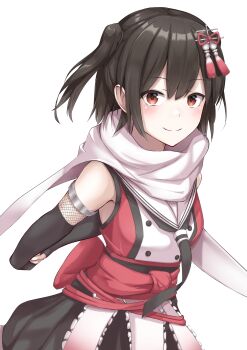 1girl absurdres arms_behind_back black_gloves black_hair black_neckerchief black_skirt brown_eyes buttons commentary_request commission cowboy_shot double-breasted fingerless_gloves gloves highres kantai_collection neckerchief onozuka_yuruo pleated_skirt red_shirt sailor_collar scarf school_uniform sendai_(kancolle) sendai_kai_ni_(kancolle) serafuku shirt short_hair simple_background skeb_commission skirt sleeveless sleeveless_shirt smile solo two_side_up white_background white_sailor_collar white_scarf