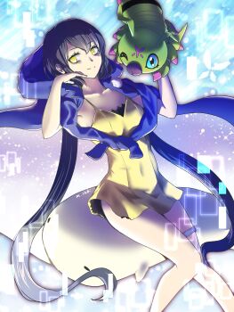 1girl absurdres black_hair blue_eyes blue_jacket breasts chibimaru-k commentary digimon digimon_(creature) digimon_story:_cyber_sleuth digimon_story:_cyber_sleuth_-_hacker&#039;s_memory dress highres jacket jacket_on_shoulders long_hair low_twintails microdress mishima_erika one_eye_closed small_breasts symbol-only_commentary twintails wormmon yellow_dress yellow_eyes
