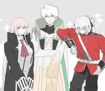 1girl 2boys asclepius_(fate) asclepius_(fate)_(cosplay) blue_eyes charles-henri_sanson_(fate) charles-henri_sanson_(fate)_(cosplay) coat cosplay costume_switch cowboy_shot fate/grand_order fate_(series) florence_nightingale_(fate) florence_nightingale_(fate)_(cosplay) gloves green_eyes grey_background group_costume_switch hair_ribbon highres jacket long_hair long_sleeves looking_at_viewer multiple_boys open_mouth pink_hair ponytail red_eyes red_jacket ribbon shirt short_hair simple_background smile sweatdrop tetota_tettou white_hair