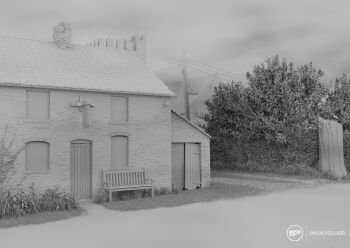 3d absurdres an_american_werewolf_in_london bench brick_wall bush chimney cloud door grass highres house lamppost monochrome no_humans outdoors power_lines road scenery sign simon_pollard street tree window wire wooden_door