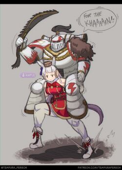 Rule 34 | 1boy, 1girl, adeptus astartes, animal ears, armor, boots, carrying, chainsword, english text, frown, gold ship (umamusume), hair ribbon, hat, helmet, highres, holding, holding sword, holding weapon, horse ears, horse girl, long hair, pauldrons, pelt, piggyback, plume, power armor, purple hair, ribbon, running, shoulder armor, shouting, sword, tall female, tempura person, umamusume, warhammer 40k, weapon, white scars