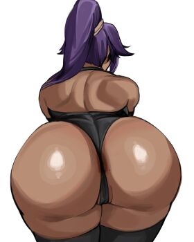 Rule 34 | 1girl, absurdres, anus, anus peek, ass, ass focus, back, backless leotard, bare shoulders, bent over, black leotard, black thighhighs, bleach, commentary, dark-skinned female, dark skin, english commentary, facing away, from behind, hair over shoulder, highres, kartistry, leotard, long hair, median furrow, mole, mole on ass, ponytail, purple hair, shihouin yoruichi, shoulder blades, simple background, solo, thick thighs, thighhighs, thighs, toned, toned female, white background