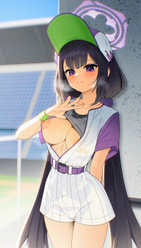 1girl baseball_cap baseball_jersey black_hair blue_archive blush breasts closed_mouth clothes_lift cowboy_shot day ett halo hat highres jersey large_breasts lifting_own_clothes long_hair looking_at_viewer nipples one_breast_out purple_halo short_sleeves smile solo sports_bra sports_bra_lift sumire_(blue_archive) sumire_(part-time)_(blue_archive) sweat twintails very_long_hair