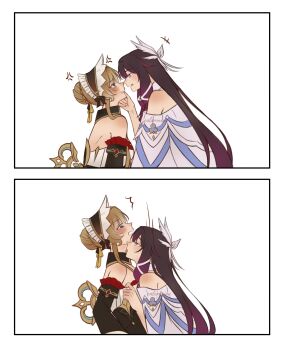 Rule 34 | 2girls, absurdres, anger vein, bare shoulders, black collar, black hair, black sleeves, blue eyes, blush, bonnet, bow, breasts, brown hair, calermine, closed mouth, collar, columbina (genshin impact), detached collar, detached sleeves, dress, genshin impact, hair bow, hair bun, hair ornament, hand on another's face, head wings, headdress, highres, licking, licking another's neck, licking lips, long hair, long sidelocks, long sleeves, multicolored hair, multiple girls, multiple wings, open mouth, pulling another's clothes, purple eyes, purple hair, purple streaks, ribbon, sandrone (genshin impact), short hair with long locks, sidelocks, simple background, smile, streaked hair, surprised, tongue, tongue out, two-tone hair, very long hair, white dress, white headdress, white wings, winding key, wing hair ornament, wings, yuri