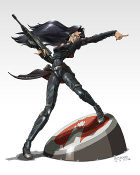 1girl 2008 animification assault_rifle baroness_(g.i._joe) black_bodysuit black_boots black_hair black_nails body_armor bodysuit boots breasts bulletproof_vest cobra_(animal) commentary dated female_focus full_body g.i._joe glasses gradient_background grey_background grin gun logo long_hair military nail_polish pinky_out pointing rex-203 rifle signature simple_background smile solo terrorist uniform weapon