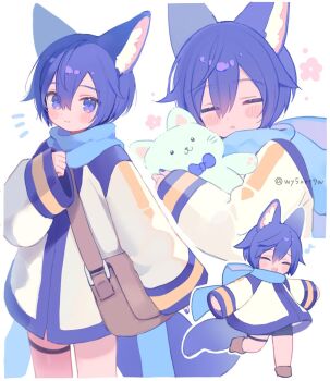 Rule 34 | 1boy, :d, animal ear fluff, animal ears, bag, blue scarf, blush stickers, cat boy, cat ears, closed eyes, closed mouth, coat, commentary request, double-parted bangs, hair between eyes, highres, kaito (vocaloid), kemonomimi mode, long sleeves, looking at viewer, male focus, mogu (wy5xrt7w), multiple views, open mouth, purple eyes, purple hair, scarf, short hair, simple background, smile, stuffed animal, stuffed cat, stuffed toy, thigh strap, twitter username, vocaloid, white background, white coat, wide sleeves