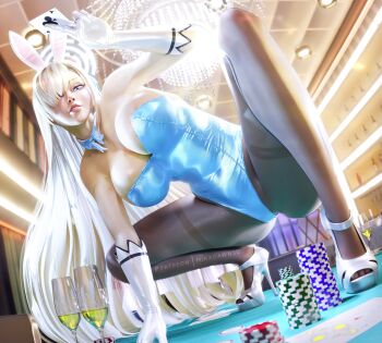 1girl 3d absurdres ace_(playing_card) ace_of_clubs animal_ears aqua_leotard asuna_(blue_archive) asuna_(bunny)_(blue_archive) asymmetrical_bangs bare_shoulders blonde_hair blue_archive blue_bow blue_bowtie blue_eyes blue_leotard bow bowtie breasts card casino casino_card_table champagne_flute chandelier cleavage club_(shape) covered_navel cup detached_collar drinking_glass fake_animal_ears gambling gloves hair_over_one_eye half-closed_eyes halo high_heels highleg highleg_leotard highres indoors large_breasts leotard long_hair looking_at_viewer mika_dawn mole official_alternate_costume on_table pantyhose playboy_bunny playing_card poker_chip poker_table rabbit_ears smile solo spread_legs squatting strapless strapless_leotard table thighband_pantyhose white_gloves