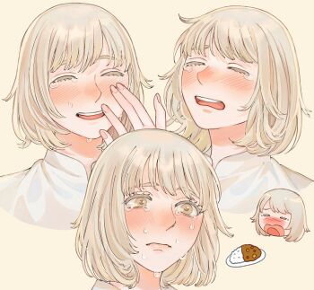 1girl alt_text blonde_hair blush chibi chibi_inset closed_eyes closed_mouth colored_eyelashes commentary_request cropped_shoulders crying crying_with_eyes_open curry curry_rice dungeon_meshi falin_touden falin_touden_(tallman) food hand_up highres looking_ahead multiple_views open_mouth rice sasakura34 shirt short_hair simple_background smile tears teeth upper_teeth_only white_shirt yellow_background yellow_eyes