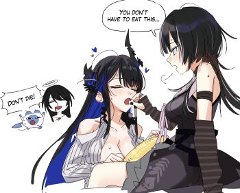 3girls absurdres adapted_costume animal_request aroused_nosebleed artist_self-insert asymmetrical_horns bare_shoulders black_dress black_hair blue_hair breasts cleavage closed_eyes clothing_cutout colored_inner_hair corn corn_cob demon_horns dress english_text exasperation feeding food grey_hair halo highres holding holding_food hololive hololive_english horns long_hair medium_breasts mole mole_under_eye multicolored_hair multiple_girls nerissa_ravencroft nosebleed open_mouth popcorn puff_of_air red_eyes sexually_suggestive shiori_novella shirt shoulder_cutout simple_background sitting split-color_hair sweat two-tone_hair uneven_horns very_long_hair virtual_youtuber white_background white_shirt yellow_eyes yomosaka yuri