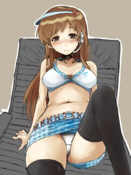 10s 1girl bikini black_thighhighs blush brown_eyes brown_hair female_focus headset idolmaster idolmaster_cinderella_girls long_hair nitta_minami ofuro_mantarou panties solo swimsuit tears thighhighs underwear very_long_hair white_panties