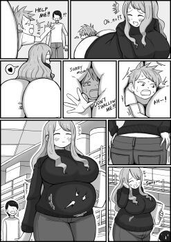 1girl 2boys anal_vore ass big_belly breasts greyscale highres huge_ass huge_breasts koshi(koshi80) koshi80 monochrome mother_and_son multiple_boys non-web_source original shopping stomach vore