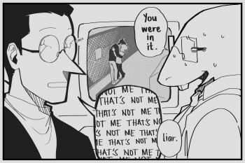 1boy 1girl 1other alphys broken_eyewear caught collared_shirt commentary computer crack deltarune english_commentary english_text hand_on_another's_back hand_on_another's_head highres kiss kris_(deltarune) minominoks necktie pointy_nose round_eyewear shirt short_hair spamton_g._spamton speech_bubble sweat teacher_and_student teeth utdr_(toby_fox)