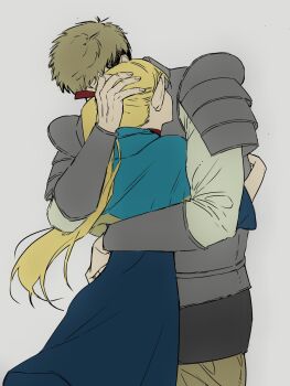 1boy 1girl armor blonde_hair blue_capelet blue_robe breastplate brown_hair capelet choker commentary dungeon_meshi elf grey_background hair_ribbon highres hood hooded_capelet hug laios_touden long_hair marcille_donato pauldrons plate_armor pointy_ears ponytail red_choker red_ribbon ribbon robe shirt short_hair shoulder_armor spt0055 vambraces white_shirt wide_sleeves