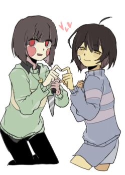 2others ahoge animification bandaid bandaid_on_cheek bandaid_on_face black_pants black_shirt blue_shorts blue_sweater blush brown_hair chara_(undertale) clenched_hand collared_shirt colored_inner_hair colored_skin commentary_request cowboy_shot frisk_(undertale) green_sweater hair_between_eyes half-closed_eyes hand_on_own_chest hands_up heart heart_hands heart_necklace holding holding_knife jewelry knife korean_commentary long_sleeves looking_at_viewer multicolored_hair multiple_others necklace open_mouth other_focus other_with_other pale_skin pants puffy_long_sleeves puffy_sleeves red_eyes red_hair shirt short_hair shorts simple_background single_stripe smile standing striped_clothes striped_sweater sweater turtleneck turtleneck_sweater undertale unusually_open_eyes utdr_(toby_fox) white_background yellow_eyes yellow_skin yx_won2