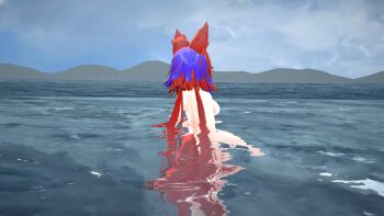 3d animal_ears breasts female_focus fox_ears fox_girl highres original purple_hair red_hair sideboob tail vrchat water